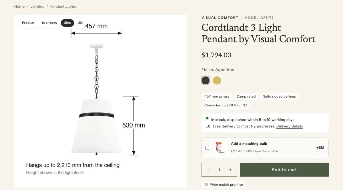 Size tab showing a pendant light with its width, height and drop in millimetres