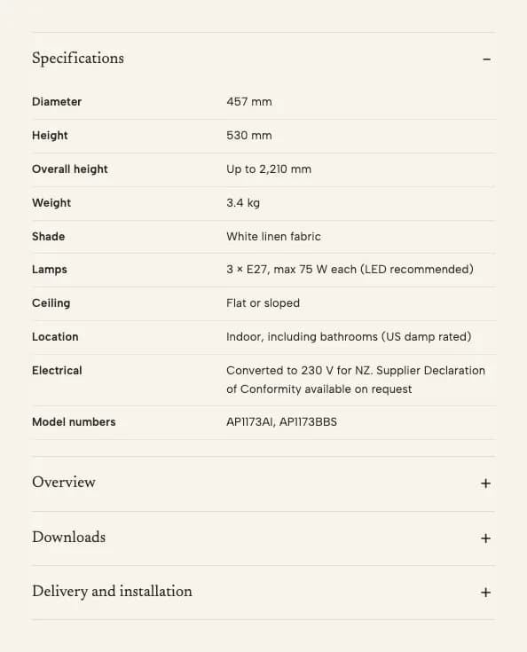 Specification table with diameter, height, weight, lamps and electrical details